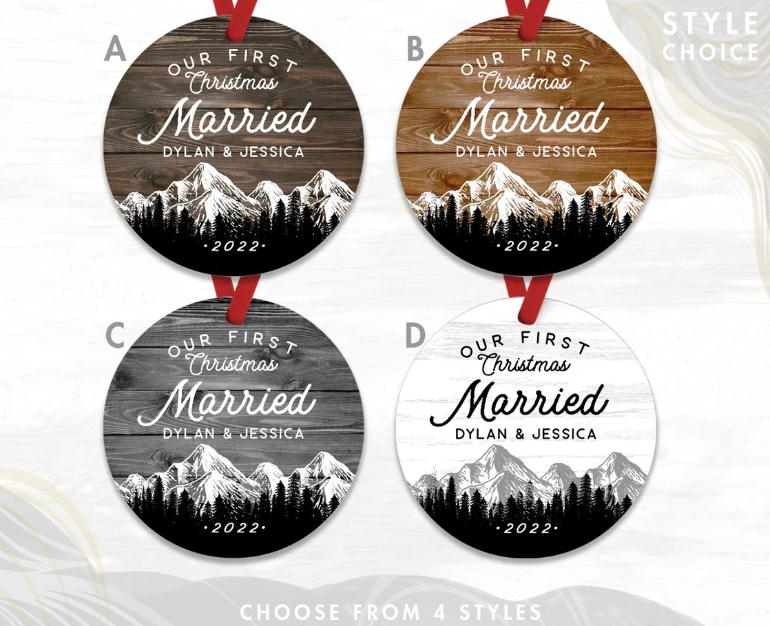 Personalized First Christmas Married Ornament 2022 Newlywed Gift Faux Wood Mountain Married Christmas Ornament